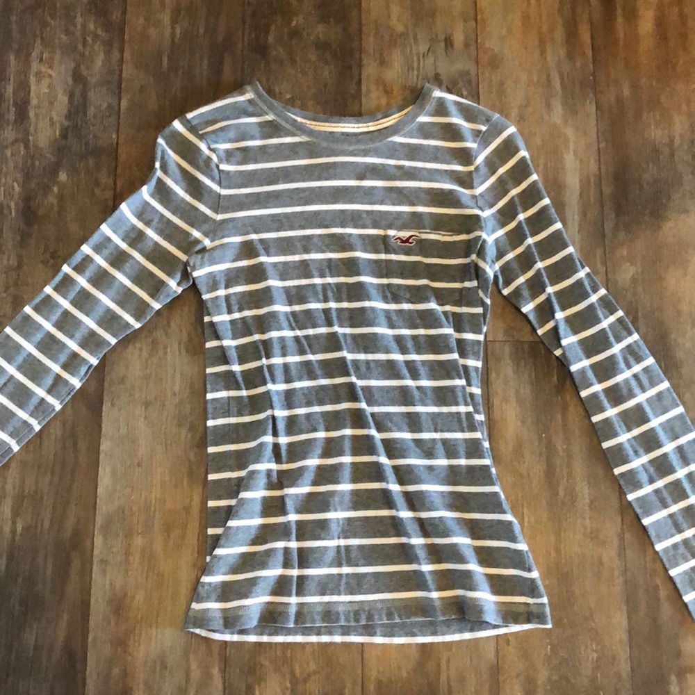 Hollister S Gray & White Striped Long Sleeve Shirt